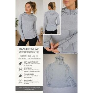 Danskin Now Striped Hoodie Top Womens L Gray White Thumb Holes Athleisure Pullov